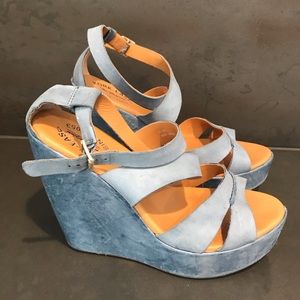 Kork-Ease Blue Platform Wedge Leather Sandal